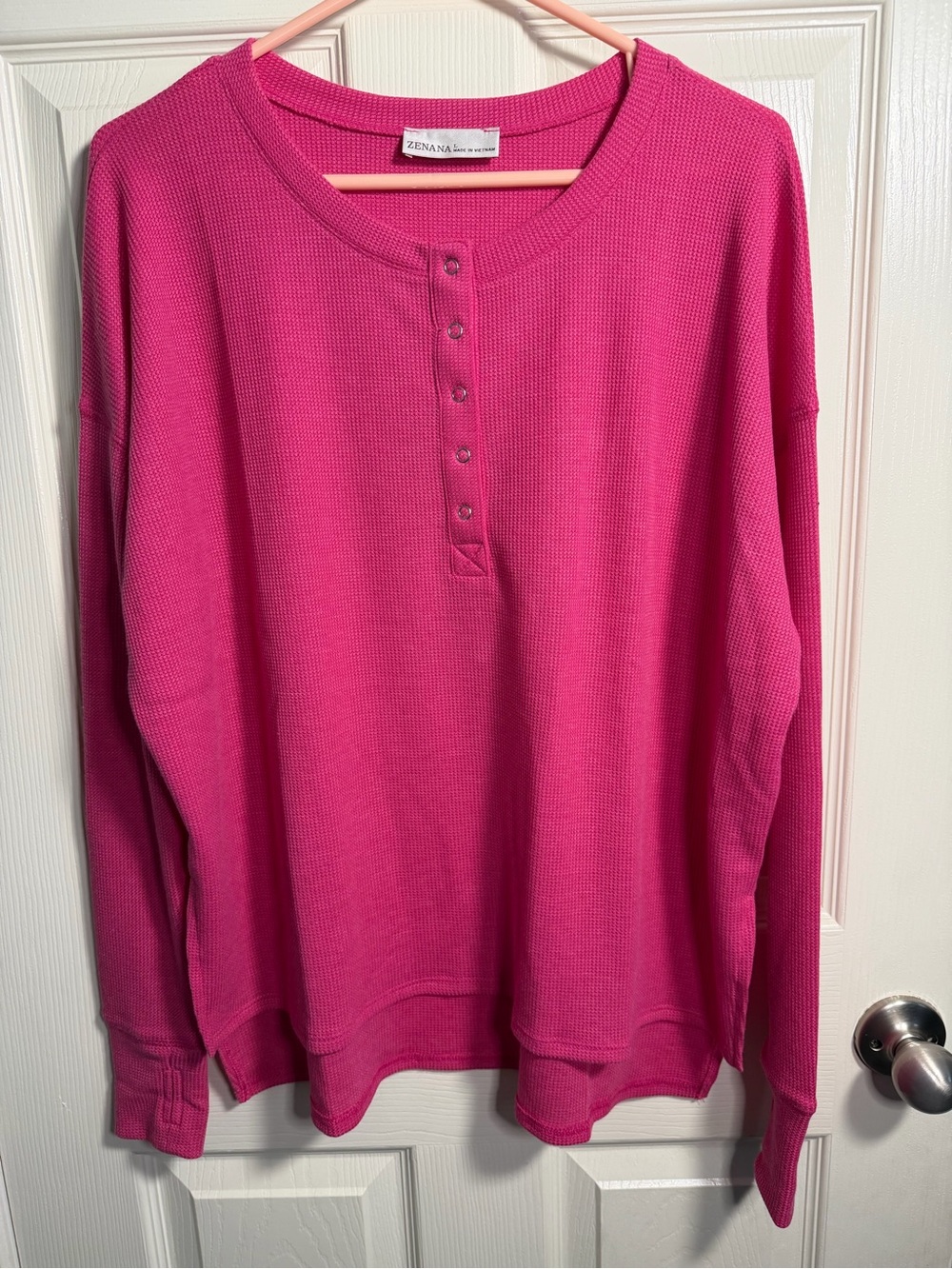 New in Package! Zenana Hot Pink Waffle-Knit Henley Long Sleeve Top, size Large